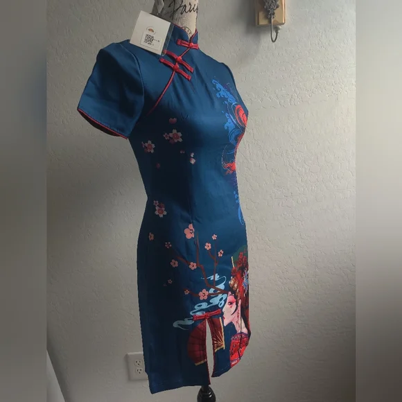 🆕 Authentic Chinese Blue & Red Qipao midi Dress Koi fish cherry blossom fans_Sm - Picture 7 of 11